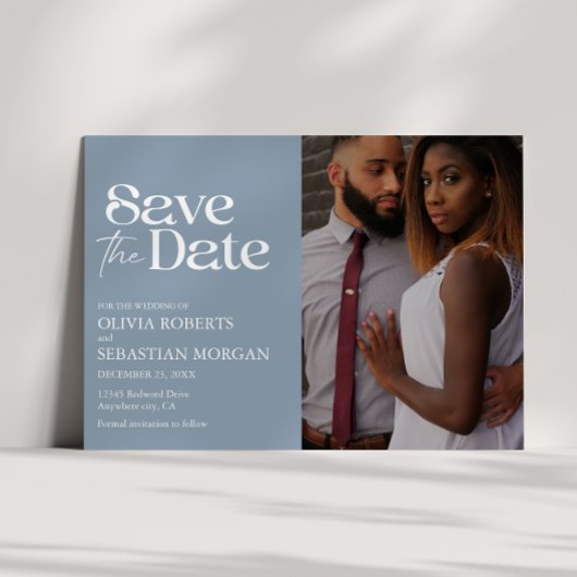 Moderne Typografie Dusty Blue Foto Wedding Save The Date