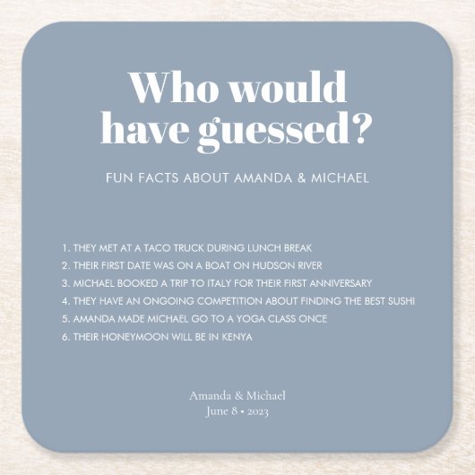 Moderne Typografie, dusty Blue Wedding Fun Fakten Rechteckiger Pappuntersetzer (Vorderseite)