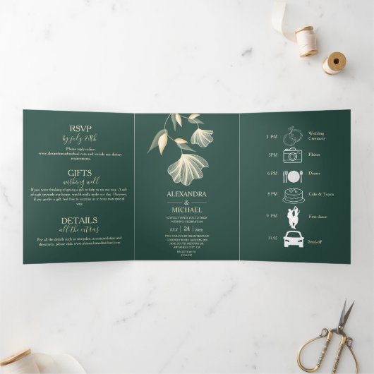 Moderne Typografie Emerald Green Botanical Wedding Dreifach Gefaltete Einladung (Innenseite)
