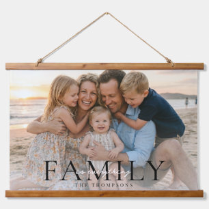 Moderne Typografie Familienname Erinnerungsfoto-Ge Wandteppich Mit Holzrahmen