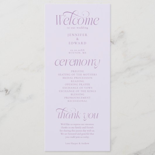 Moderne Typografie Flieder Hochzeitsprogramm Programm (Vorderseite)