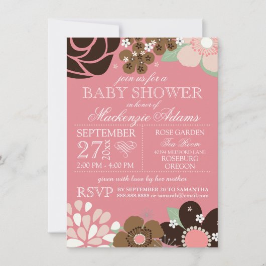 Moderne Typografie Floral Baby Dusche Pink Brown Einladung (Vorderseite)