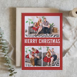 Moderne Typografie Foto Collage Red Christmas Feiertagskarte<br><div class="desc">Frohe Weihnachten! Senden Sie Ihre herzlichen Wünsche in dieser Saison mit dieser personalisierbaren Weihnachtskarte für das Foto. Es zeichnet sich durch einfache Typografie mit einem roten Hintergrund aus. Personalisieren Sie Ihre Fotos,  Namen,  Jahr und andere Details. Diese moderne Weihnachtskarte ist in anderen Farben und mit Karton erhältlich.</div>