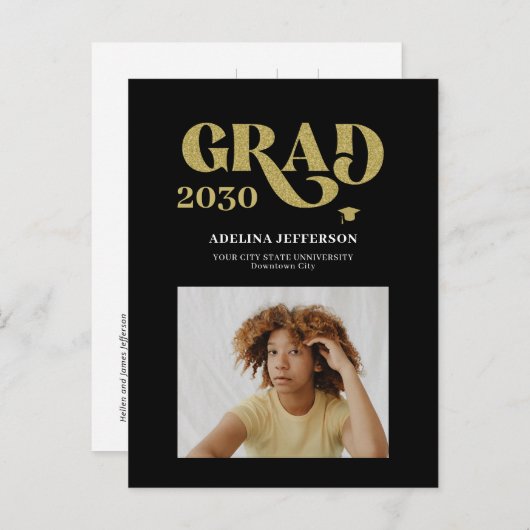 Moderne Typografie Foto Gold Schwarzer Abschluss Ankündigungspostkarte (Vorne/Hinten)