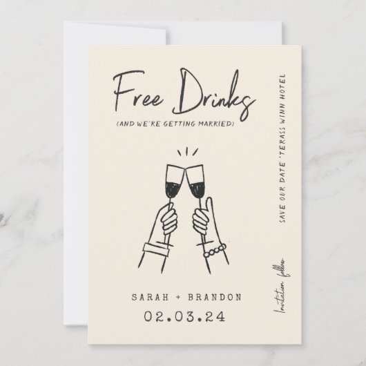 Moderne Typografie FunnyFree Drinks Foto Qr Code Save The Date (Vorderseite)