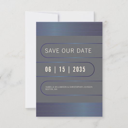 Moderne Typografie geometrisch blau metallisch Save The Date (Vorderseite)
