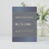 Moderne Typografie geometrisch blau metallisch Save The Date (Stehend Vorderseite)
