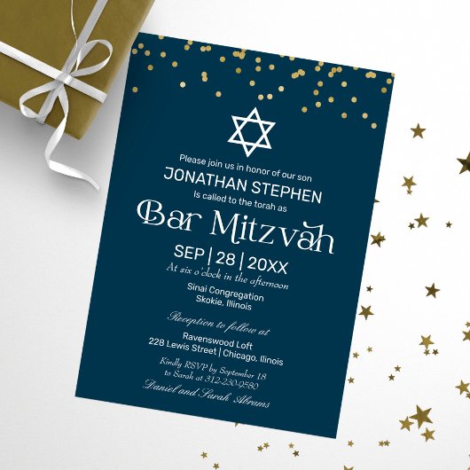Moderne Typografie Gold Confetti Blue Bar Mitzvah Einladung