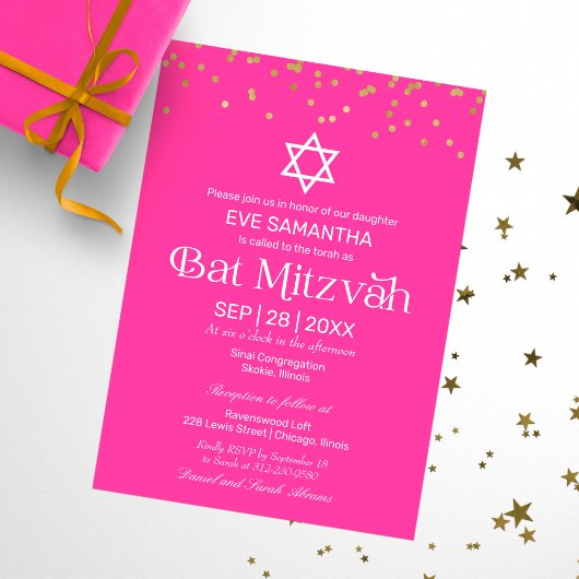 Moderne Typografie Gold Confetti Pink Bat Mitzvah Einladung