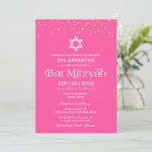 Moderne Typografie Gold Confetti Pink Bat Mitzvah Einladung (Stehend Vorderseite)