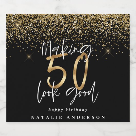 Moderne Typografie Gold Glitzer Chic 50. Geburtsta Schaumweinetikett (Einzelnes Label)