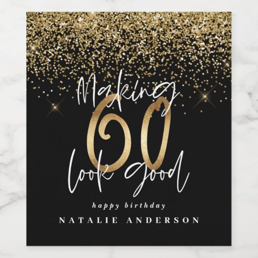 Moderne Typografie Gold Glitzer Chic 60. Geburtsta Weinetikett (Einzelnes Label)