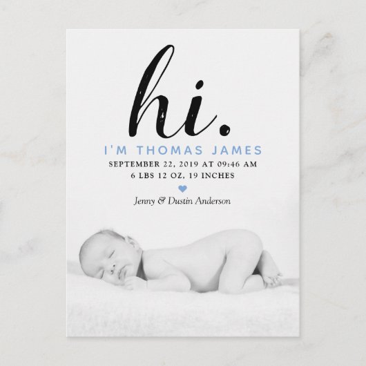 Moderne Typografie "Hi". Foto Birth Ankündigung (Vorderseite)