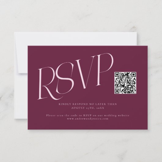 Moderne Typografie Hochzeits-QR-Code Cranberry RSVP Karte (Vorderseite)