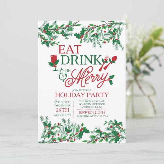 Moderne Typografie isst Drink & Be Merry Party Einladung (Stehend Vorderseite)