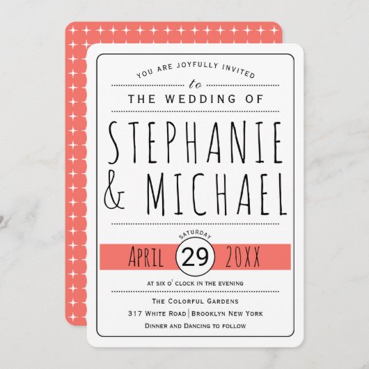 Moderne Typografie Korallen lebende Hochzeit gerun Einladung (Vorne/Hinten)