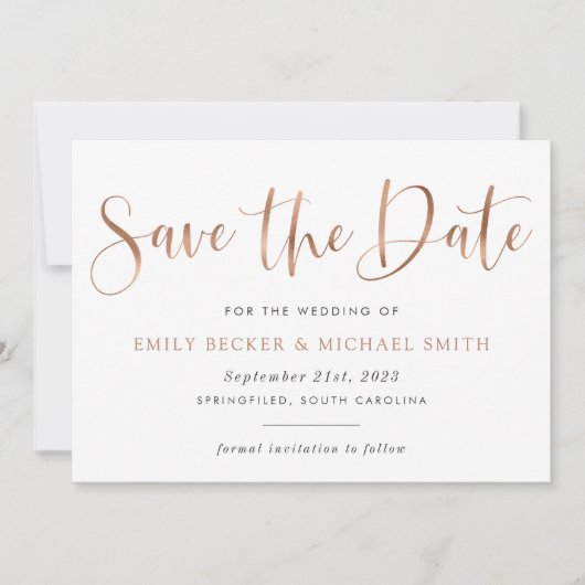 Moderne Typografie Kupferblütenfolie Save the Date Einladung (Vorderseite)