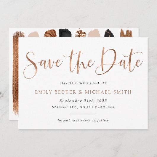 Moderne Typografie Kupferblütenfolie Save the Date Einladung (Vorne/Hinten)