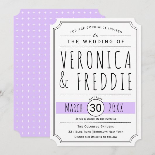 Moderne Typografie Levender lila Hochzeit Einladung (Vorne/Hinten)