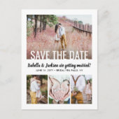 Moderne Typografie mit fünf Fotos Hochzeit rettet Ankündigungspostkarte (Vorderseite)