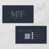 Moderne Typografie Monogram Navy Blue Gold QR Code Visitenkarte (Vorne/Hinten)