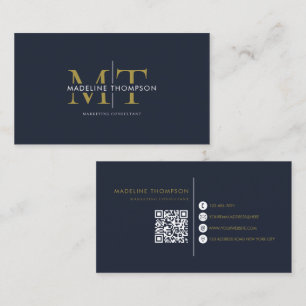 Moderne Typografie Monogram Navy Blue Gold QR Code Visitenkarte