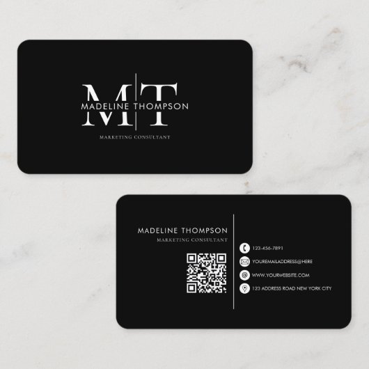 Moderne Typografie-Monogramm Schwarzer QR-Code Visitenkarte (Vorne/Hinten)