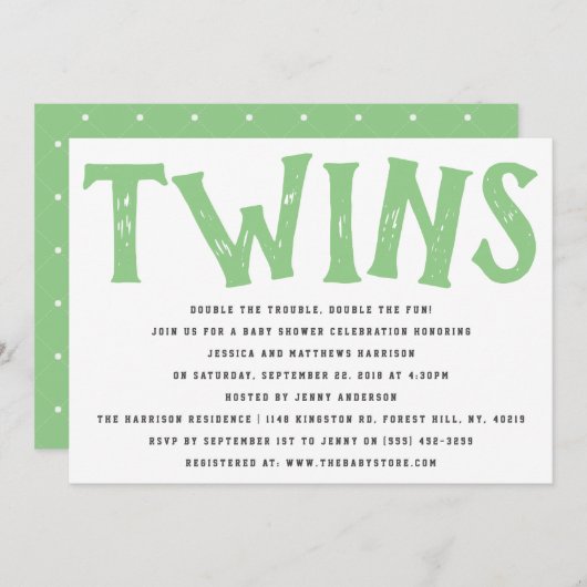 Moderne Typografie Neutral Twins Baby Dusche Einladung (Vorne/Hinten)