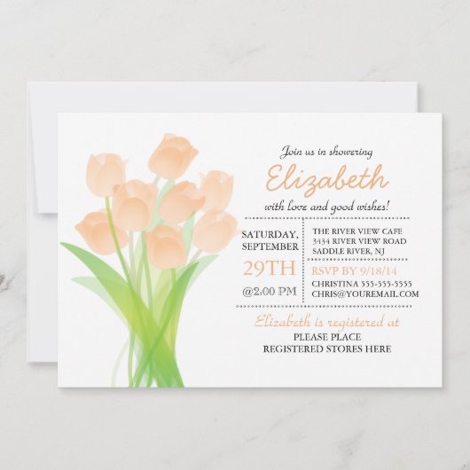 Moderne Typografie Peach Tulip Baby Dusche Einladung (Vorderseite)