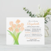 Moderne Typografie Peach Tulip Baby Dusche Einladung (Stehend Vorderseite)