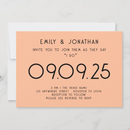 Moderne Typografie Peach Wedding Einladung (Vorderseite)