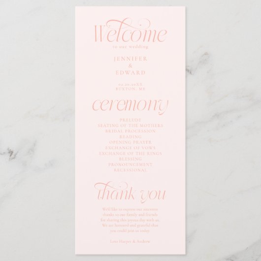 Moderne Typografie Pfirsich-Hochzeitsprogramm Programm (Vorderseite)