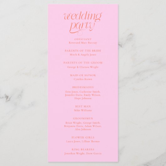 Moderne Typografie Pink Orange Hochzeitsprogramm Programm (Rückseite)