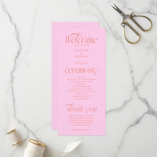 Moderne Typografie Pink Orange Hochzeitsprogramm Programm (Vorderseite/Rückseite Beispiel)