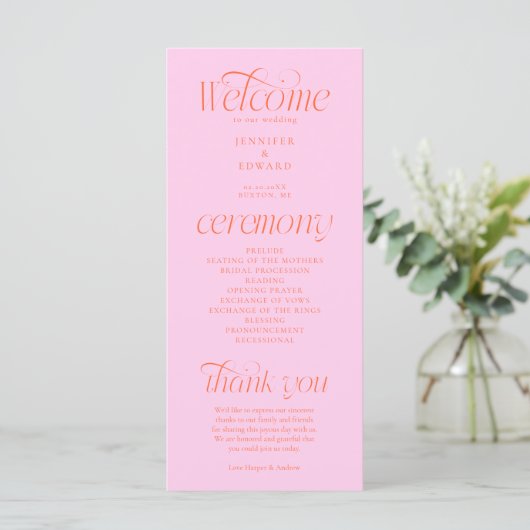 Moderne Typografie Pink Orange Hochzeitsprogramm Programm (Stehend Vorderseite)