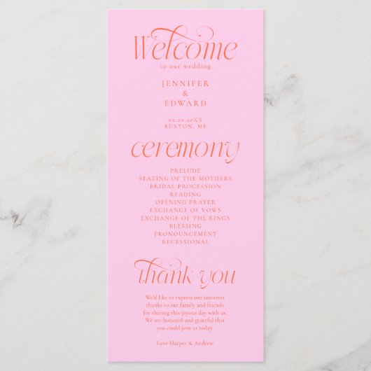 Moderne Typografie Pink Orange Hochzeitsprogramm Programm (Vorderseite)