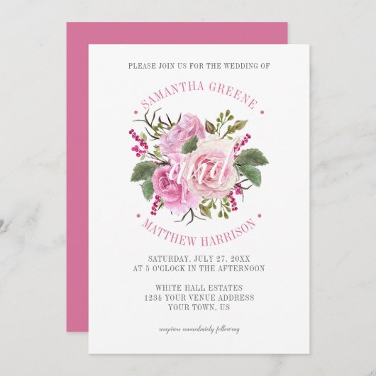 Moderne Typografie Pink Roses Grüne Hochzeit Einladung (Vorne/Hinten)
