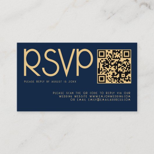 Moderne Typografie QR Code Navy Gold Wedding RSVP Begleitkarte (Vorderseite)