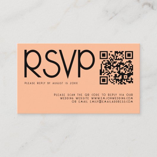 Moderne Typografie QR Code Peach Wedding RSVP Begleitkarte (Vorderseite)