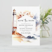 Moderne Typografie Romance Lighthouse Wedding Save The Date (Stehend Vorderseite)