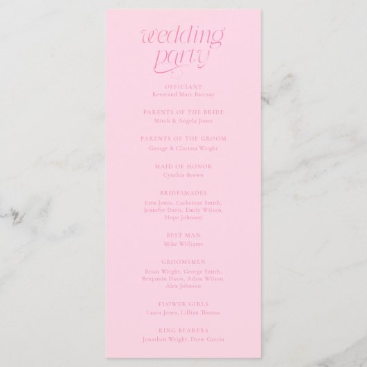 Moderne Typografie Rosa Hochzeitsprogramm Programm (Rückseite)