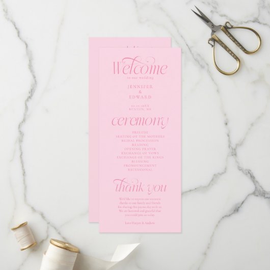 Moderne Typografie Rosa Hochzeitsprogramm Programm (Vorderseite/Rückseite Beispiel)