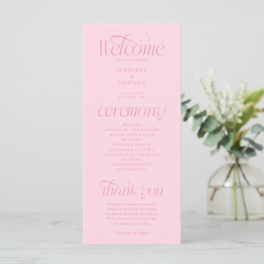 Moderne Typografie Rosa Hochzeitsprogramm Programm (Stehend Vorderseite)
