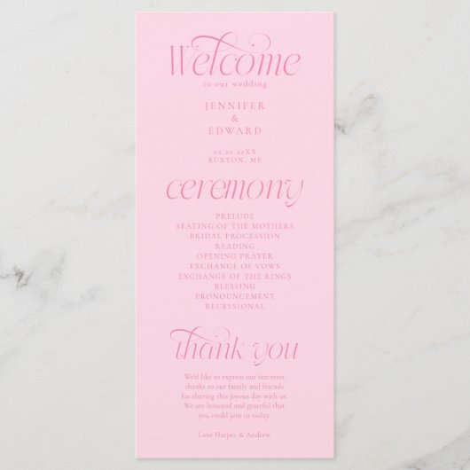 Moderne Typografie Rosa Hochzeitsprogramm Programm (Vorderseite)