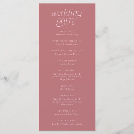 Moderne Typografie Rosé Hochzeitsprogramm Programm (Rückseite)
