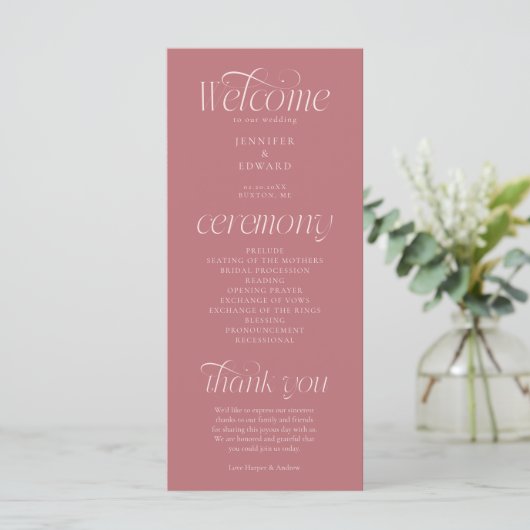 Moderne Typografie Rosé Hochzeitsprogramm Programm (Stehend Vorderseite)