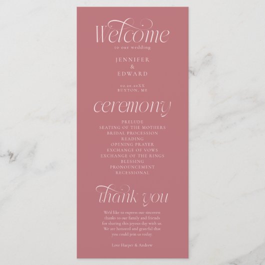 Moderne Typografie Rosé Hochzeitsprogramm Programm (Vorderseite)