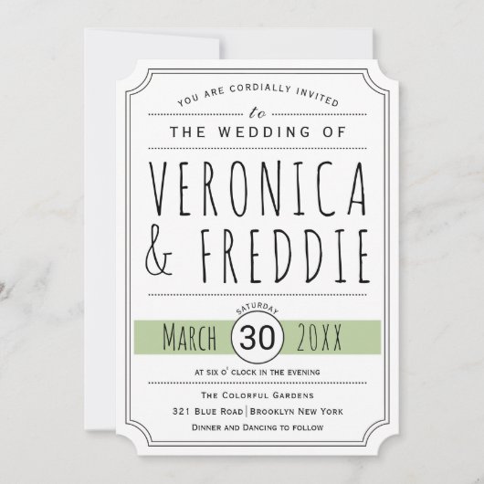 Moderne Typografie sage grüne Hochzeitseinladung Einladung (Vorderseite)