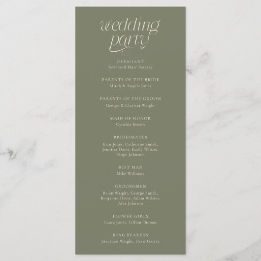 Moderne Typografie Salbeigrüne Hochzeitsprogramm Programm (Rückseite)