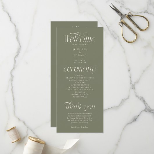 Moderne Typografie Salbeigrüne Hochzeitsprogramm Programm (Vorderseite/Rückseite Beispiel)